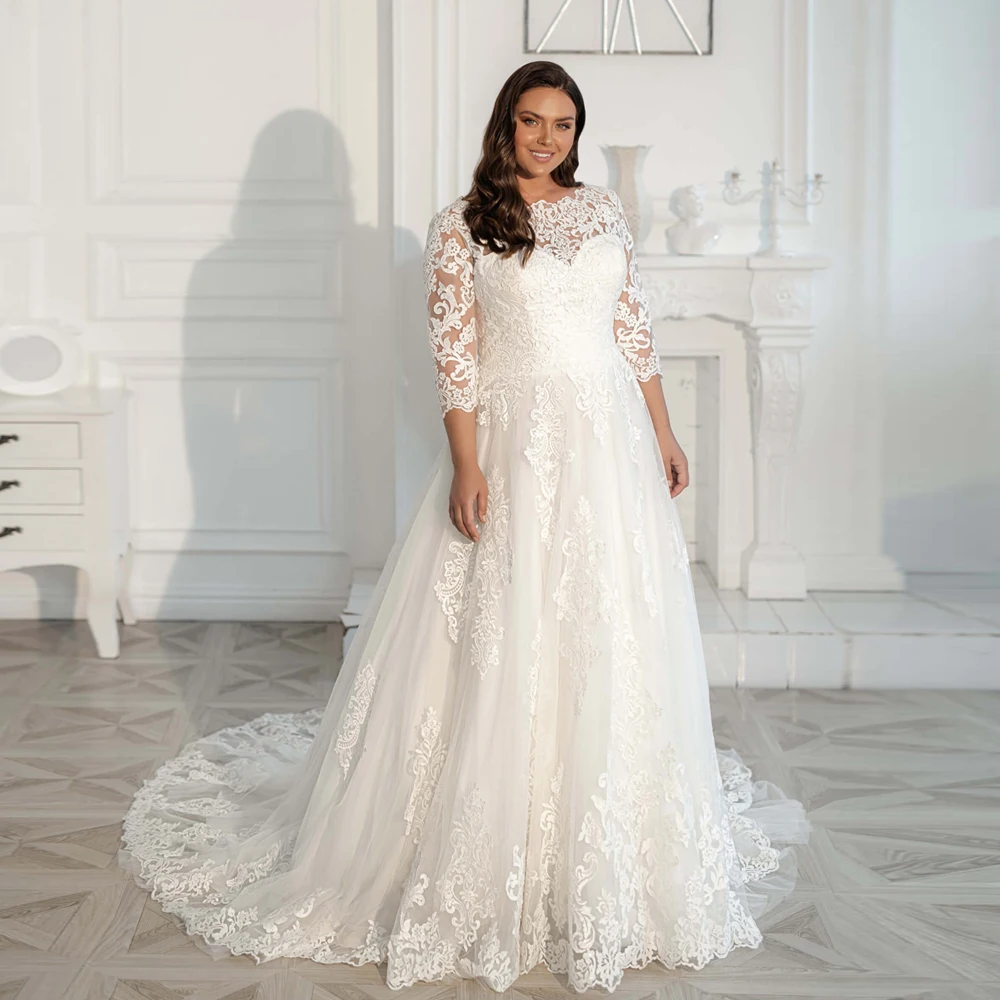 Modest Plus Size Wedding Dress Gorgeous Three Quarter Sleeves Scoop Sweep Train Lace Wedding Gown Bride Dresses