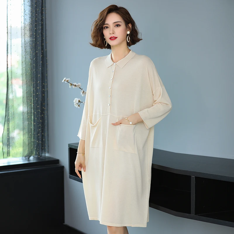 Summer Spring Turn Down Collar Dress Women Knit Long Blouse Elegant Female Loose Sweater Tops