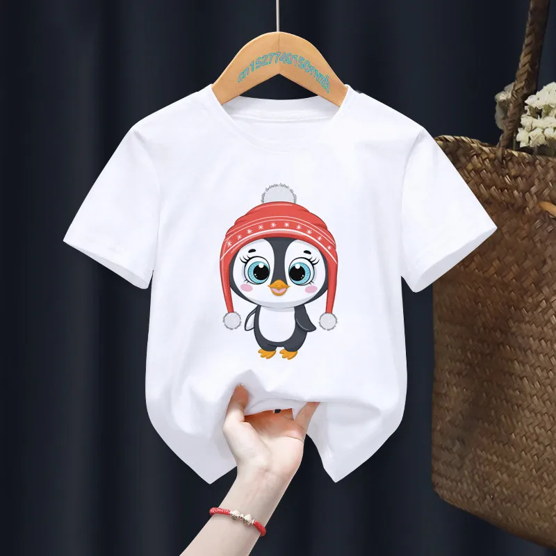 Merry Christmas penguin Cartoon Cute White Kid T-shirts Boy Animal Tops Tee Children Summer Girl Gift Present Clothes ,Drop Ship