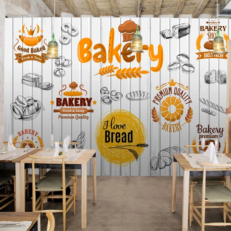 

Custom Self-Adhesive Wallpaper 3D Fashion Hand-painted Food Bakery Wood Board Background Wall Covering Waterproof Wall Stickers