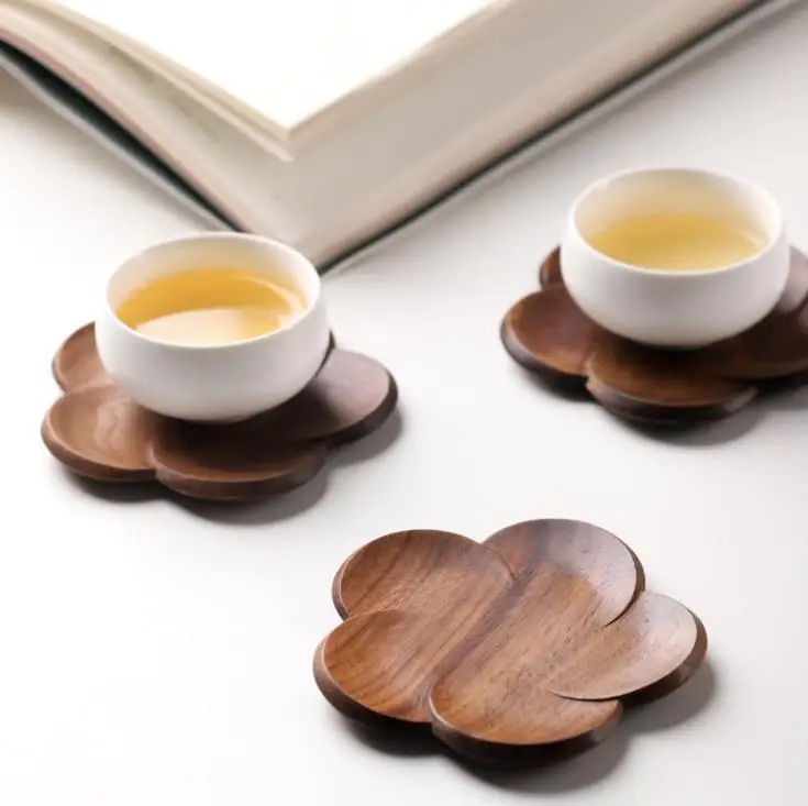 

Black walnut coasters Office coffee insulating solid wood creative petal cushion cup wood insulating coasters SN3746