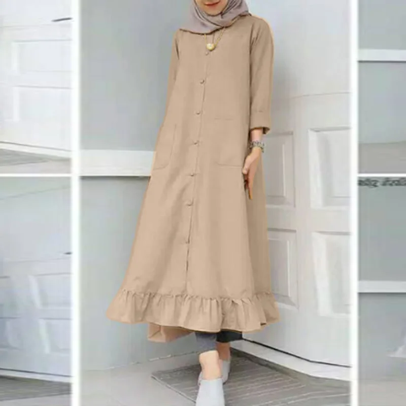 Women Muslim Dress Fashion Long Sleeve Ruffles Dresses Casual Solid Buttons Maxi Vestidos Hijab Dress Robe Eid Oversize Robes