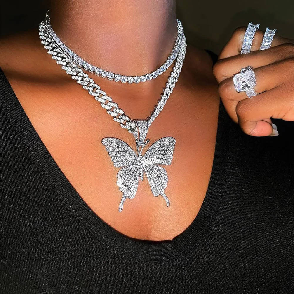 Pink Iced Out Butterfly Charms Chunky Cuban Link Chain Women Men Punk Shining Crystal Miami Curb Cuban link choker Rock Jewelry