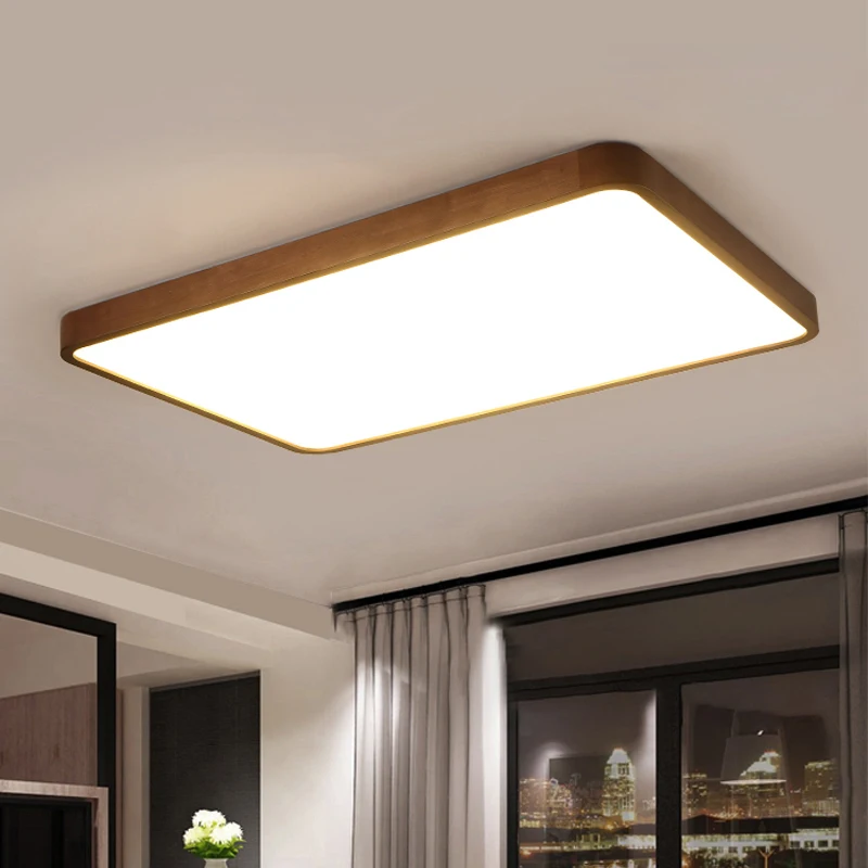 Luces de techo LED modernas, lámparas de madera Real para dormitorio, accesorio de pantalla de acrílico de madera maciza redonda y cuadrada, Lustre