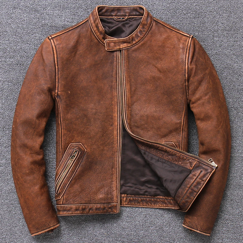 5 days arrival,Brand Genuine Leather Jacket Large Size Motorcycle Biker Soft Cowhide Coat Locomotive Garment Vintage Jacket