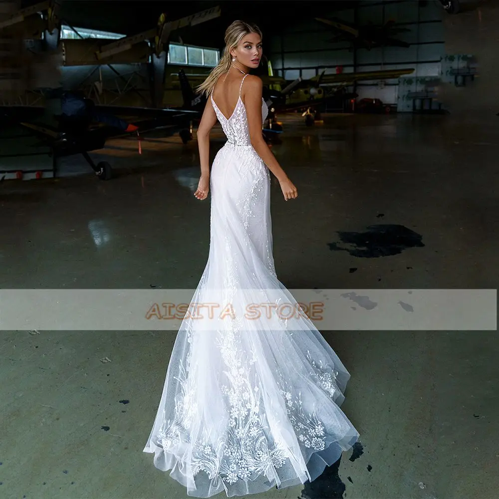 Vestidos de casamento sereia personalizados, decote em v, alças espaguete, miçangas, apliques de renda, sem mangas, costas nuas, trem de varredura, vestidos de noiva