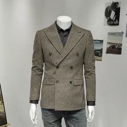 Thicken Double Breasted Men Suits Jackets Slim Style Business Man Brown Plaid 2021 Autumn Warm Blazers