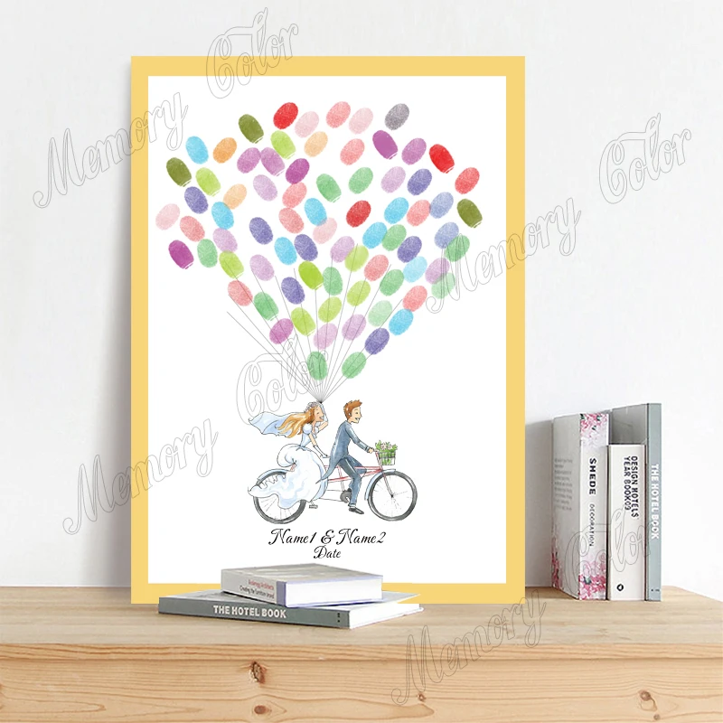 Personalized Wedding Guest Book Custom Name Date Couples Riding Bike Romantic Wedding Car Fingerprint DIY Canvas Guest Book