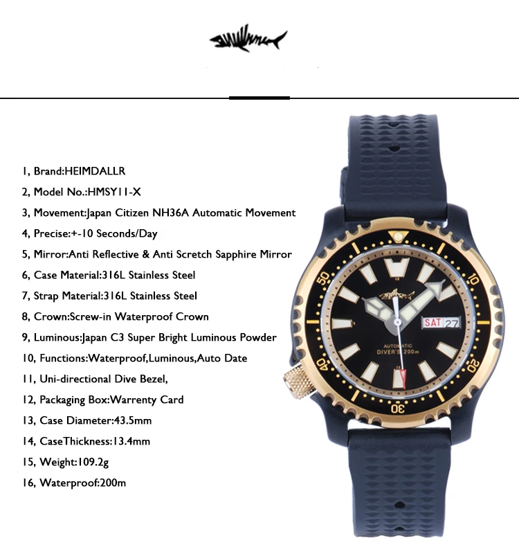 Heimdallr мужские часы для дайвинга мужские автоматические часы черные механические наручные часы 200 м водонепроницаемые C3 светящийся сапфировый резиновый ремешок