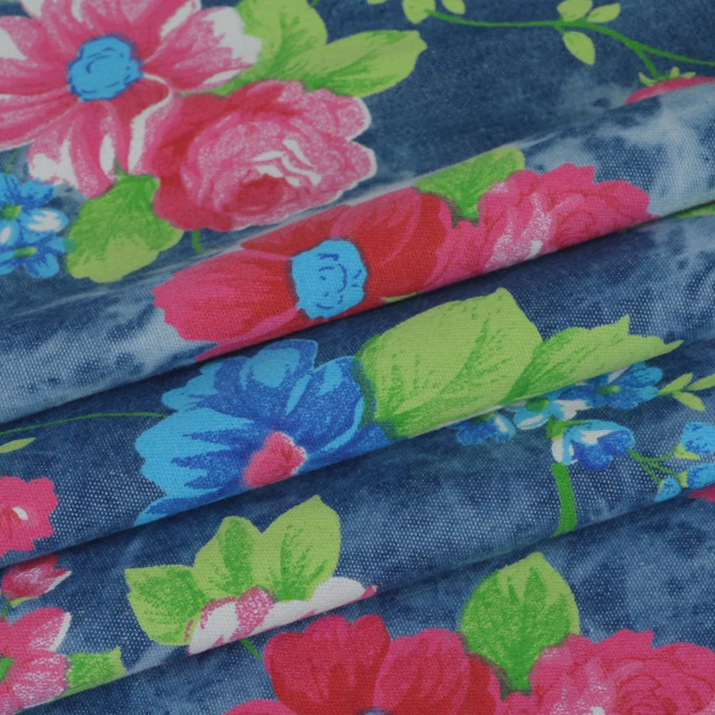 Summer Thin Non Elastic Blended Printed Denim Fabric for Quilting Sewing Clothes Skirt per Half Meter