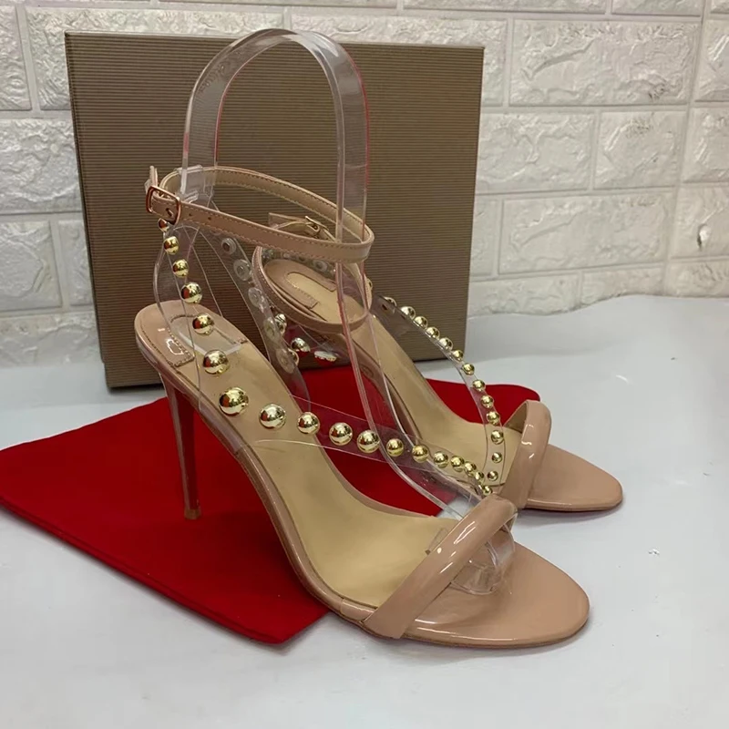 

New Arrival Summer Gold Bead PVC Brief Ankle Strap Sweet Women High Heels Sandal Shoes