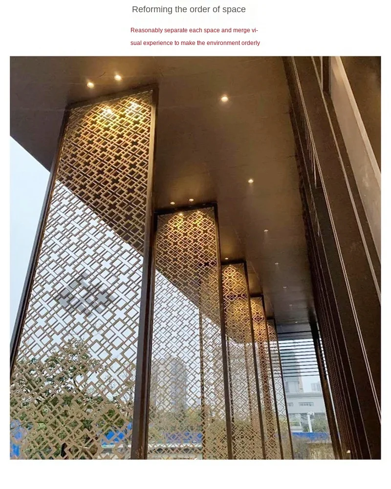 Stainless steel partition simple light luxury new Chinese metal screen hollow carved hotel living room