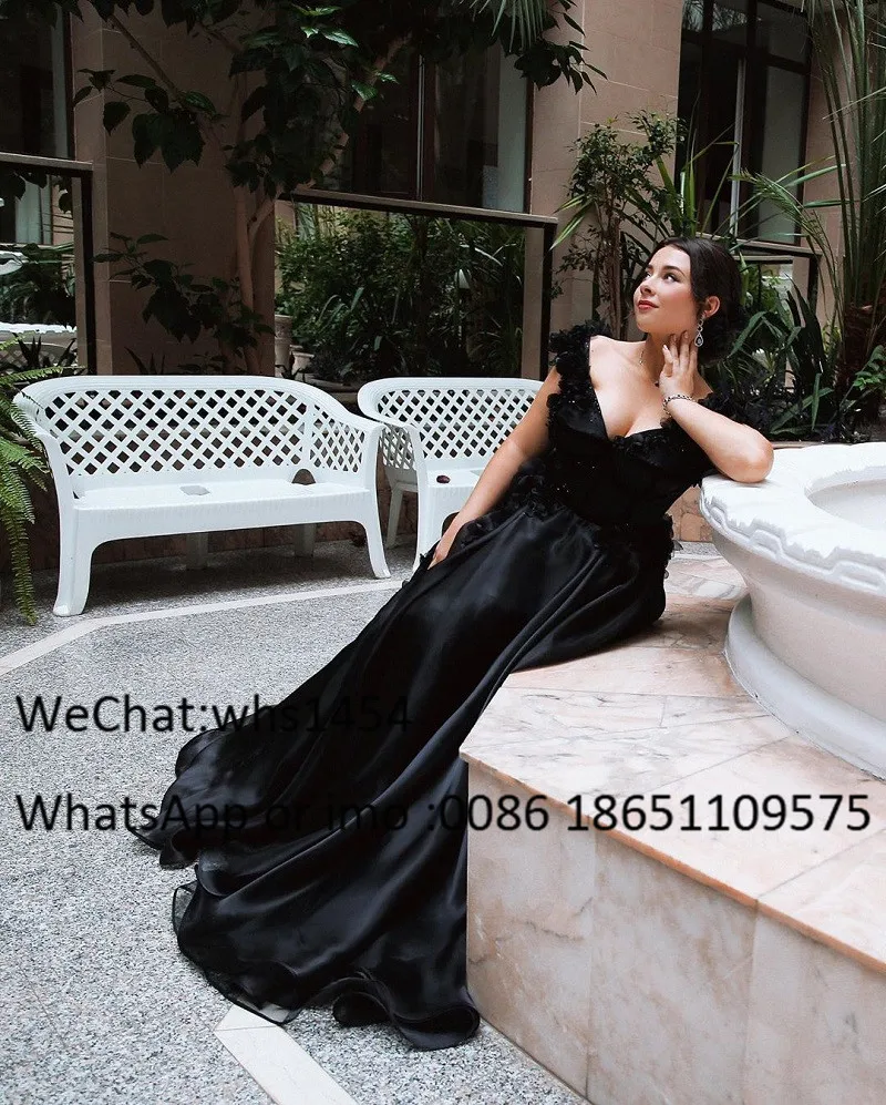 Elegant Black A-Line ชุดพรหมสำหรับผู้หญิง2023ปรับแต่งยาวเซ็กซี่ V-Neck Organza ชุดราตรีดอกไม้ Vestido De Festa