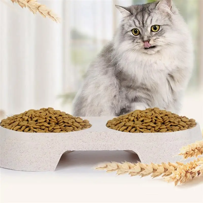 Double Cat Bowls Dog Food Water Feeder Wheat Straw Pet Drinking Dish Puppy Feeding Supplies Anti-Slid Pet Feeder Dog Accessories