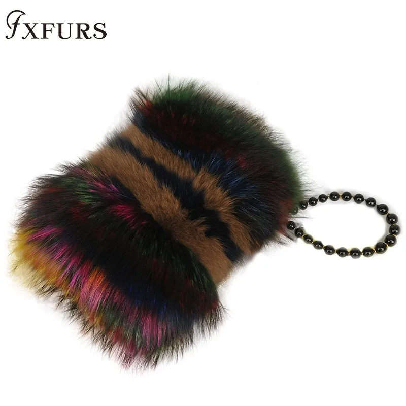 

2020Women Luxury Real Fox Fur Handbags with Raccoon Fur Bags Women Fashion Winter New Bead Crossbody Single Shoulder Colorful