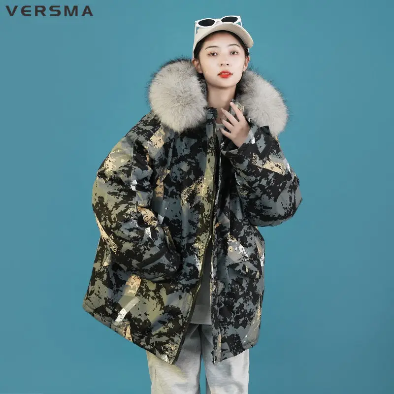 VERSMA Japanese Harajuku Camouflage Graffiti Print Parka Men Women Winter Hooded Fur Collar Cotton Padded Oversoze Parkas Jacket