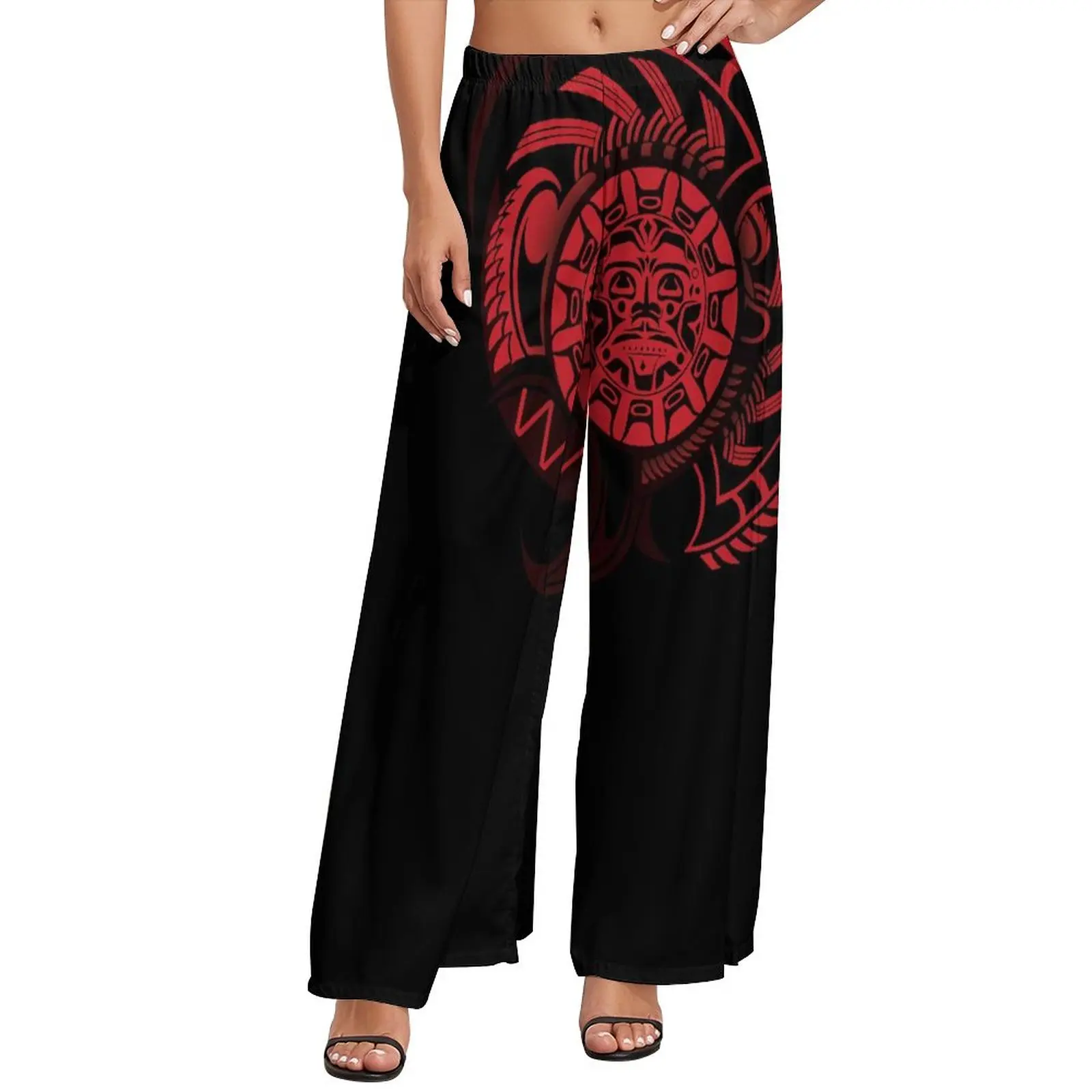 

New Design Women's Charming Cropped Pants Black Background With Maroon Human Face Prints Custom Wide Breathable Elegant Leg Pant