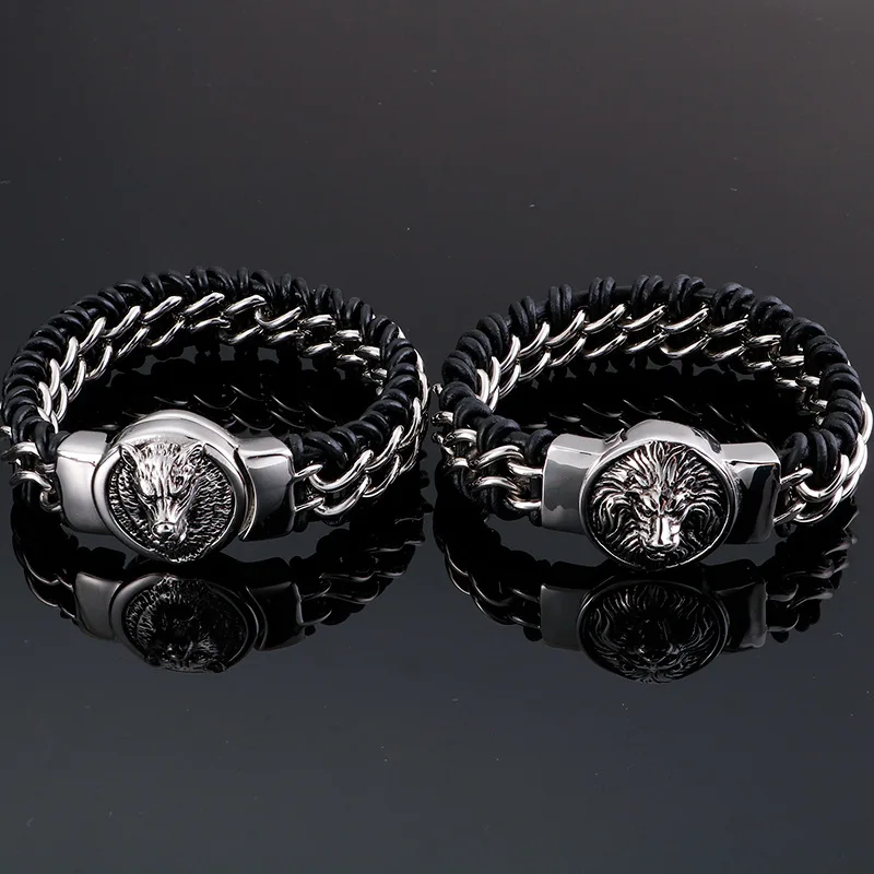 New jewelry wolf head lion head animal shape leather bracelet stainless steel men's bracelet