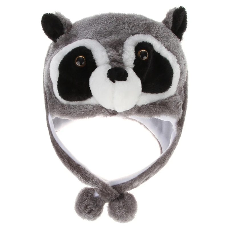 Winter Fuzzy Plush Raccoon Animal Hat Pompom Warm Cosplay Earflap Beanie Cap X5XA