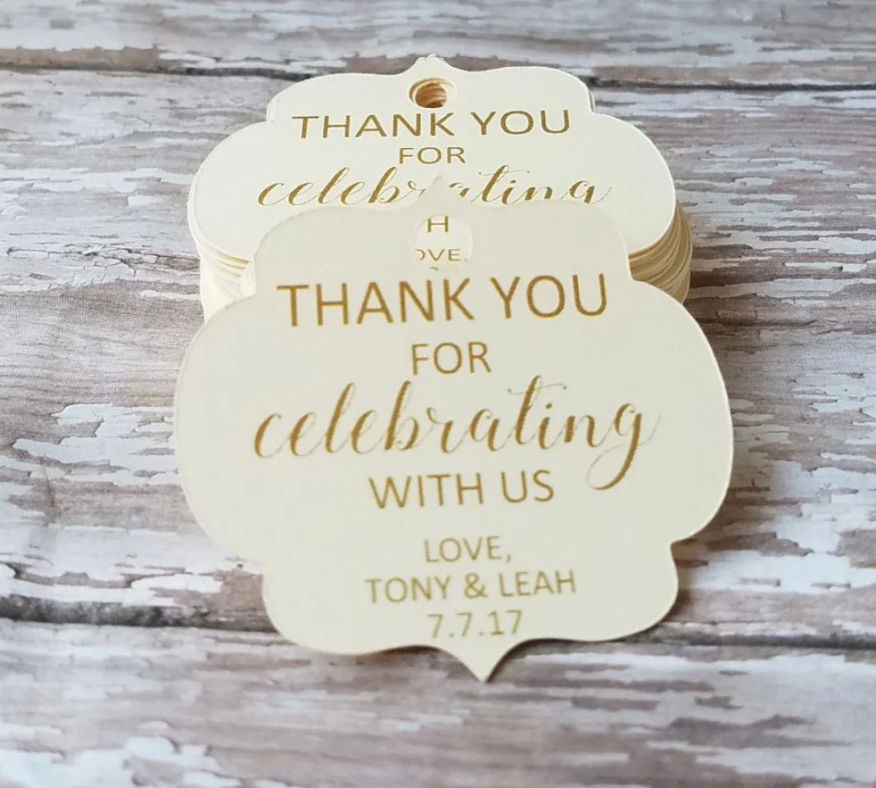 custom any language Thank you for celebrating with us Gold wedding gift tags,  Wedding Favor, Ornate Tag, Vintage Wedding Tag