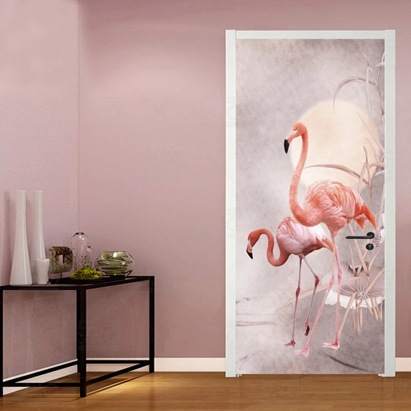 Self-Adhesive Door Sticker 3D Pink Bird INS Nordic Style Wallpaper Bedroom Door Poster PVC Waterproof Sticker Door Decal Murals