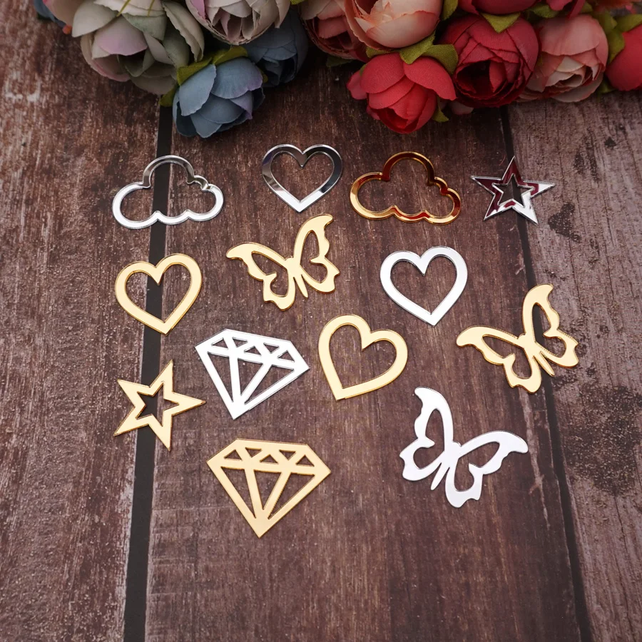 50pcs/Lot 3D Sticker Hollow Out Cutting Mirrored 5 Shape Acrylic DIY Birthday Wedding Party Home Decoration