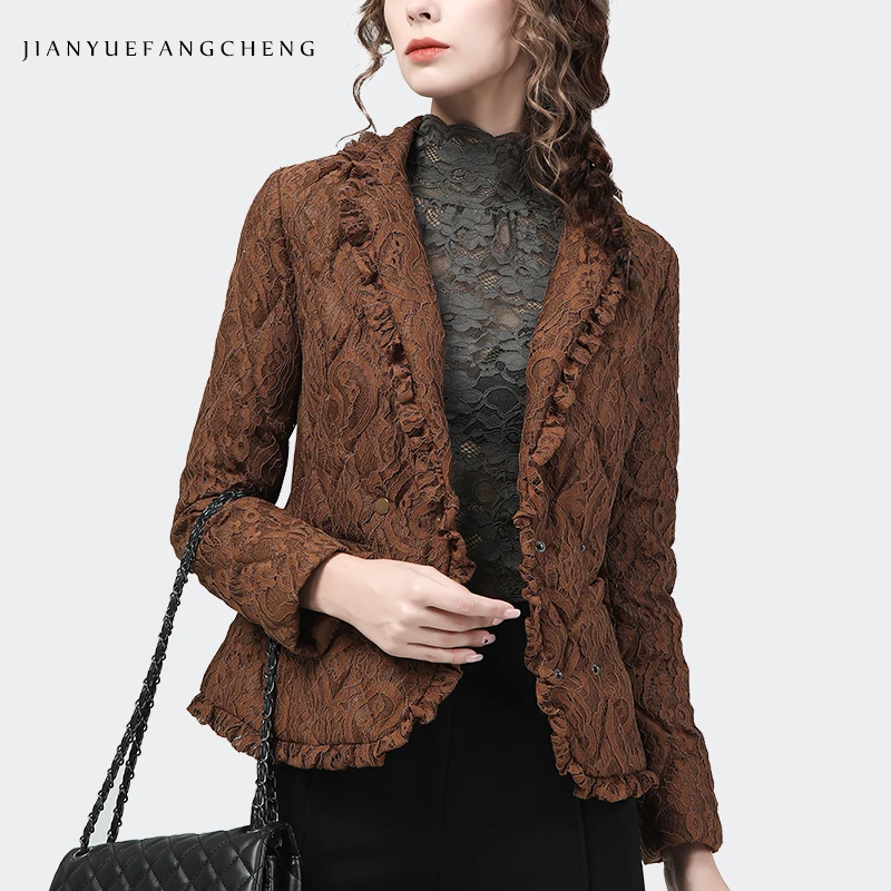 Fashion Lace Fabric Women Winter Short Down Jacket Brown Elegant Suit Collar Ruffles Warm Thicken White Duck Down Puffer Coat