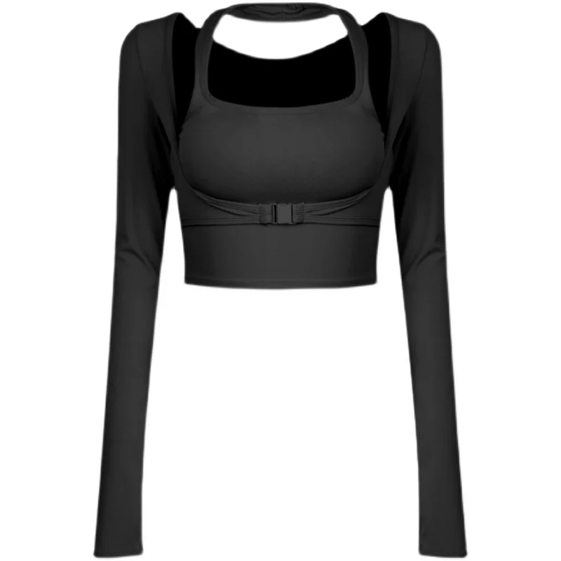 New Inner Padded Design Yoga Shirts  Women Sexy U Collar Tight With Chest Pad  Running Long Sleeve Crop Top