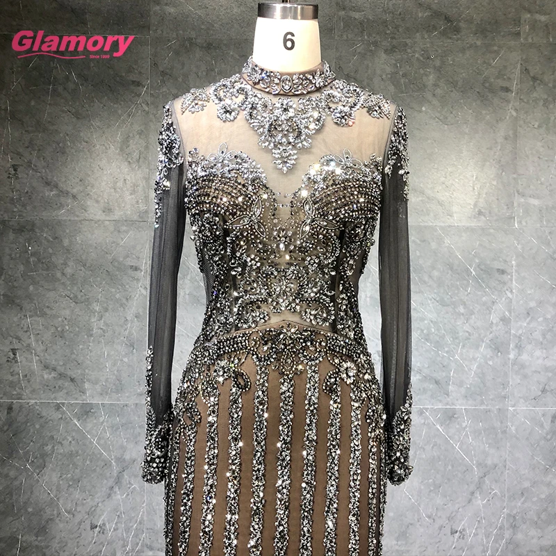 2020 New Women's Long Sleeve Dress Luxury Beading Mermaid Party Halter Neck Turkish Evening Dresses