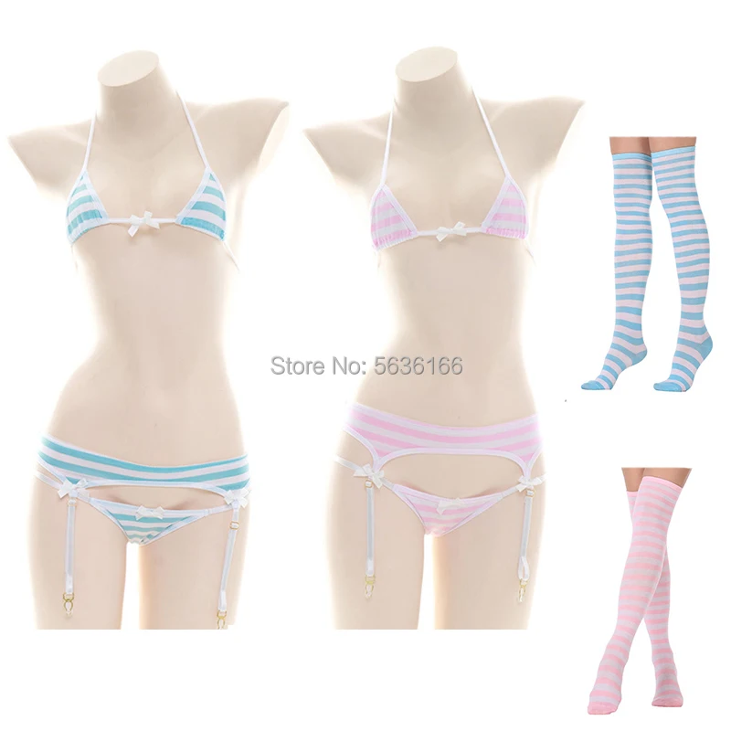 Japanse Sexy Lingerie Lolita Kawaii Blauw Roze Wit Gestreepte Mini Bikini Volwassen Cosplay Erotische Kostuums Beha Vrouwen Ondergoed Set