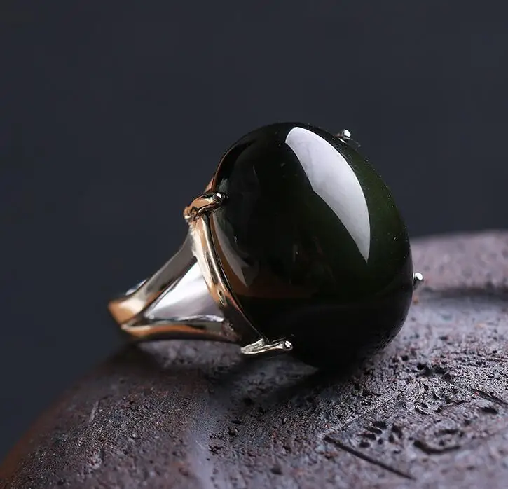 Natural Obsidian Ring Rainbow eye  Stone   Mosaic Ring Simple Men Women Gift Crystal Ring Jewelry Wholesale