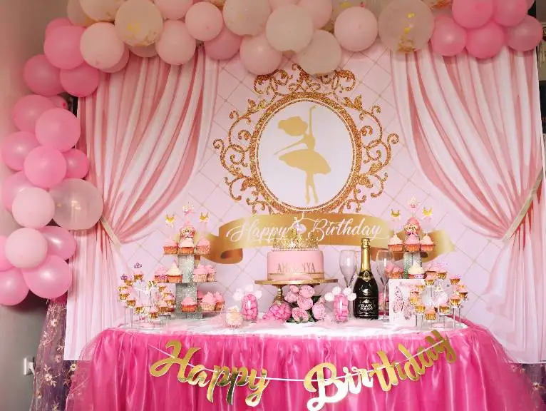 Princess Backdrop For Photography Gold Crown Pink Curtain Birthday Party Baby Child Customized Poster Photozone Photo Backdrop