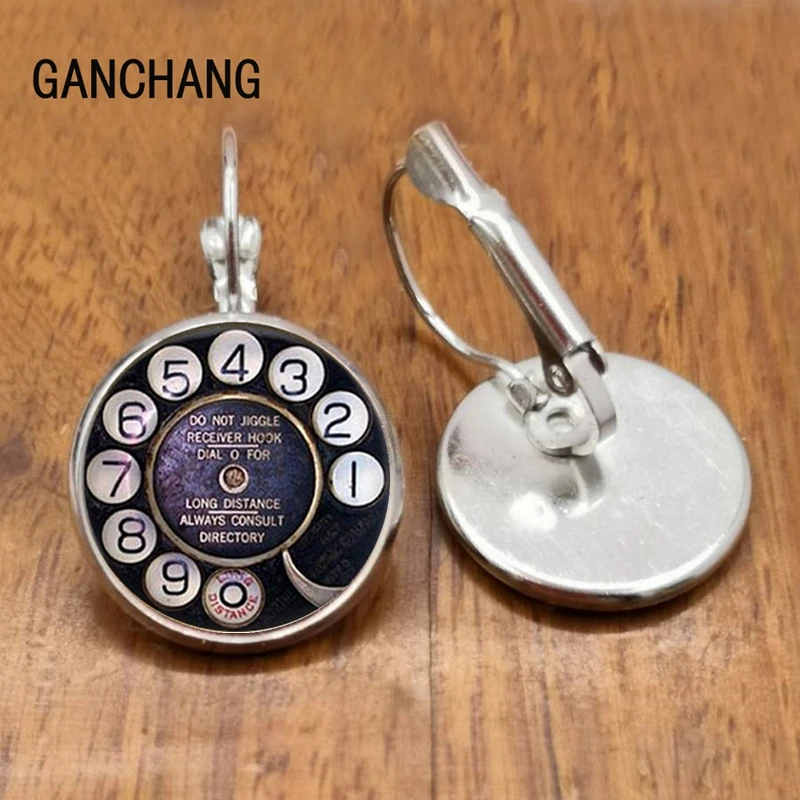 New Fashion Vintage Telephone Stud Earring Handmade Glass Dome Retro Telephone Dial Classic Jewelry Round Earrings