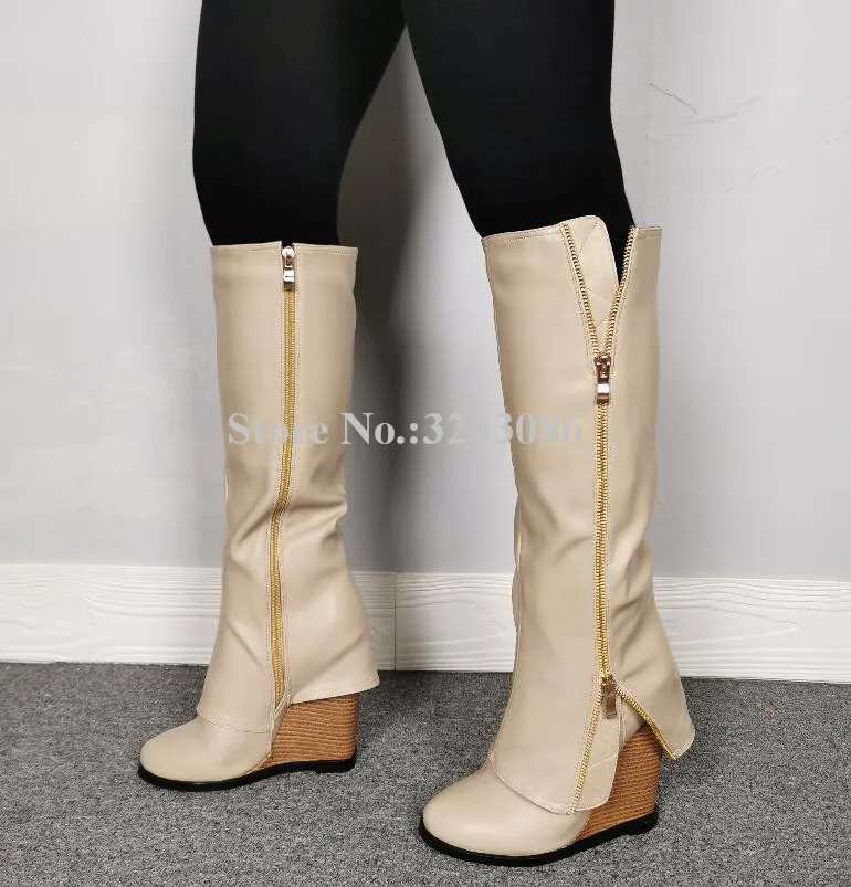 New Beige Leather Zipper Decor Wedge Long Boots Women Round Toe Popular Design Knee High Boots Lady Real Photos Winter Boots