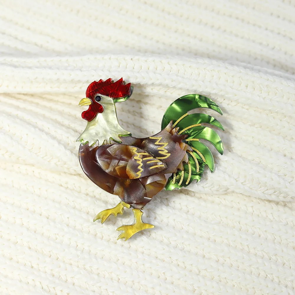 Custom Handmade Vivid Arcylic Big Tail Rooster Cock Brooches For Women Designer Unisex Chicken Party Office Brooch Pins Gifts