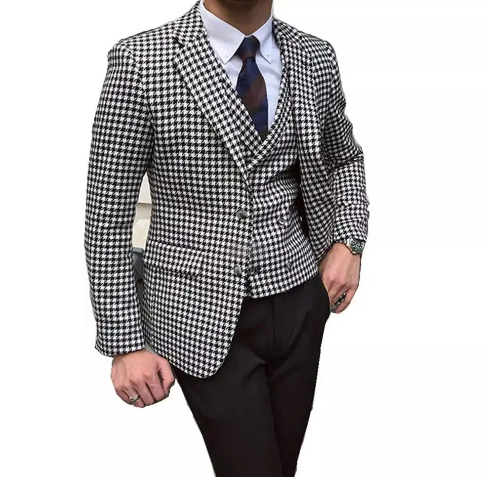 Men's Suits For Wedding Houndstooth Suits Double Breasted Vest Trousers Prom Tuxedos (Blazer+Vest+Pants)