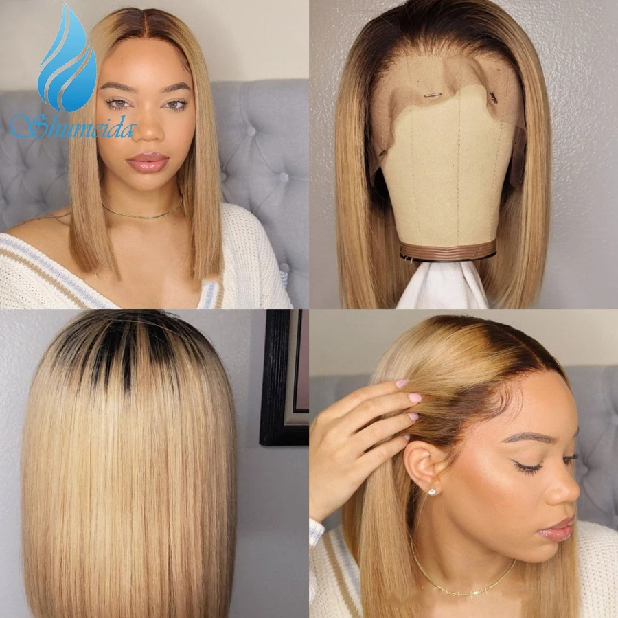 Shumeida Ombre Blonde Color 13*4 Lace Front Wigs Pre Plucked Brazilian Remy Human Hair Short Bob Wigs Baby Hair Glueless Wigs