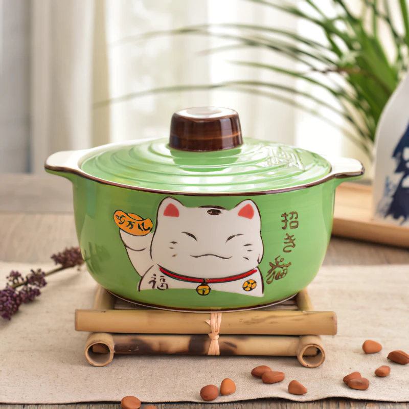 Ceramic Casserole Japanese Cartoon Lucky Cat Green Blue Round 9 Inch Soup Bowl with Lid Household Kitchen Supplies Tableware