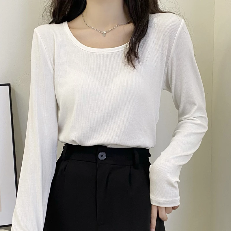Tee Shirt Femme Solid Screw Thread T Shirt Women Spring Long Sleeve Top Poleras Mujer Slim Cotton Tshirt Korean Clothes Autumn