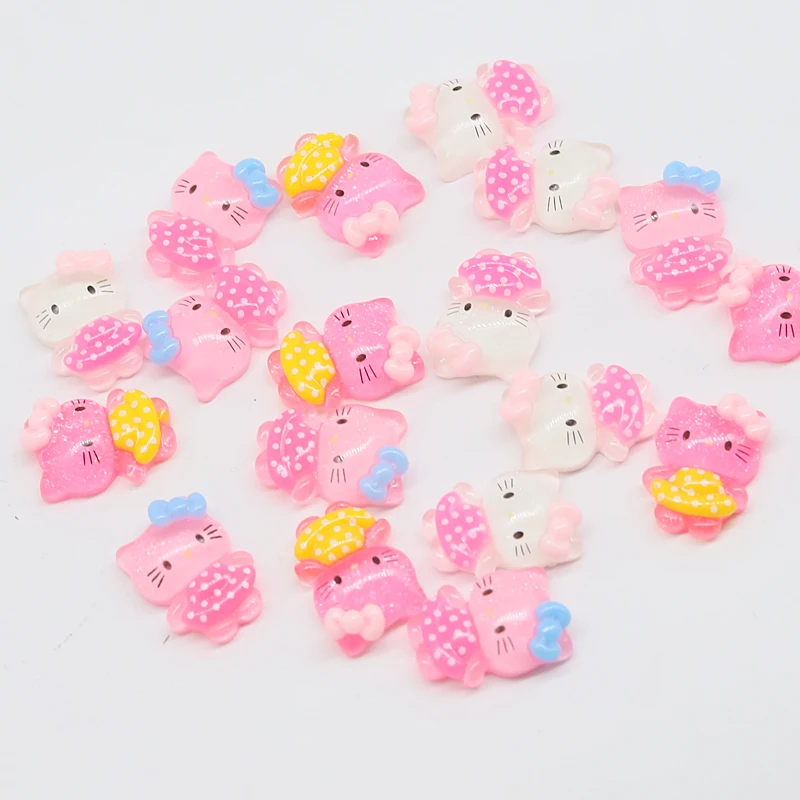 200pcs 21*15MM Kawaii Kitty Resin Flat Back Cabochon Wave Skirt With Polka Dots Kitty DIY Scrapbook Phone Decor Accessories