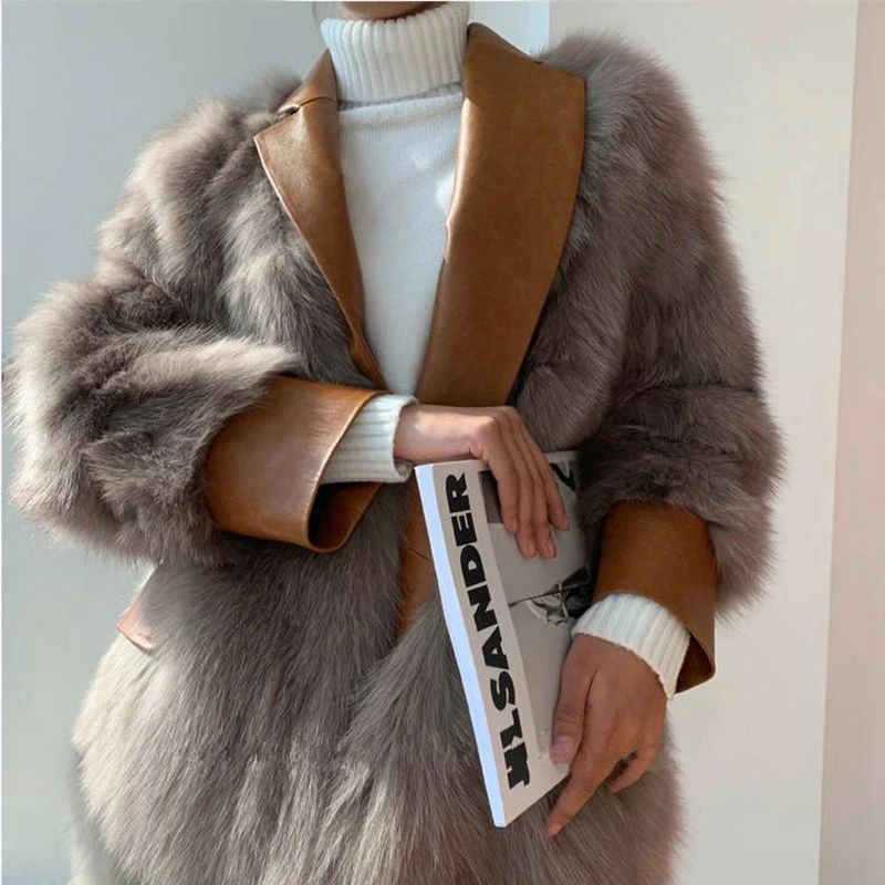 

Nice Pop Warm Fur Jacket Sexy Streetwear Overcoat Girl Luxury Vintage Women's Winter Fox Fur Coat With Faux Leather Suit Collar