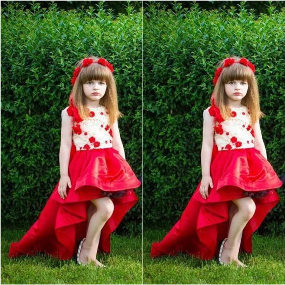 

New Red O-Neck Sleeveless Applique Wedding Party Events Kids Formal Wear Girls Pageant Birthday Christmas Flower Girls Dresses