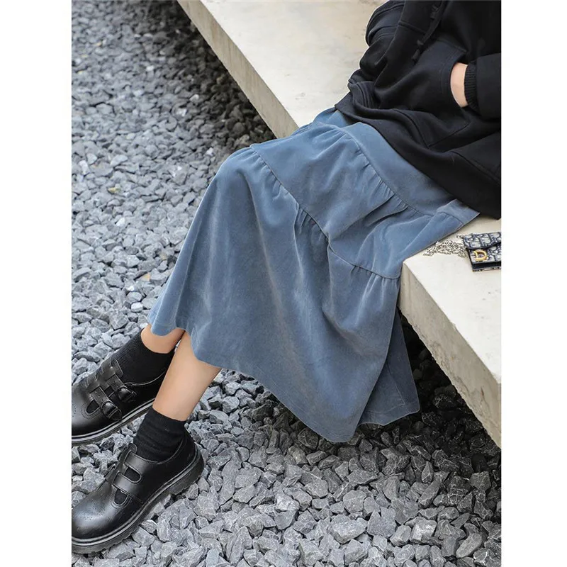 Velvet High Waist Long Skirt Women Autumn Winter Korean Black High Waist Pleated Skirt Vintage Korean Style Female Midi Saia