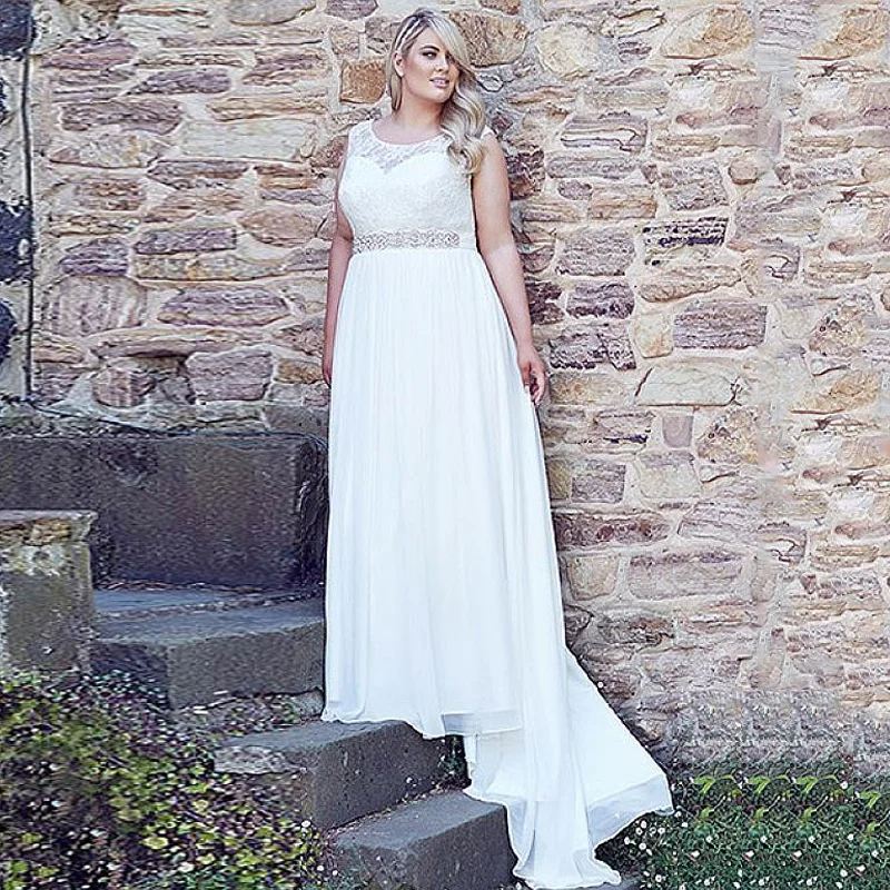 Classic Plus Größe Hochzeit Kleid Spitze Perlen Gürtel Nach Maß Kappen-hülsen Scoop Neck EINE Linie Chiffon Strand Einfache Braut kleider