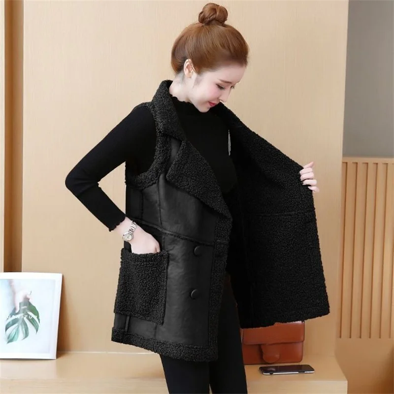 Vintage Women Winter Imitate Fur One-piece Waistcoat Mid-length Vest Cardigan Female Loose Velvet Thick Vest Tide A955