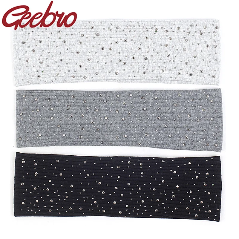 Geebro Women Sparkly Rhinestones Cotton Headbands Hair Band Akcesoria Nowe Miękkie Rozciągliwe Żebrowane Nakrycie Głowy Party Turban