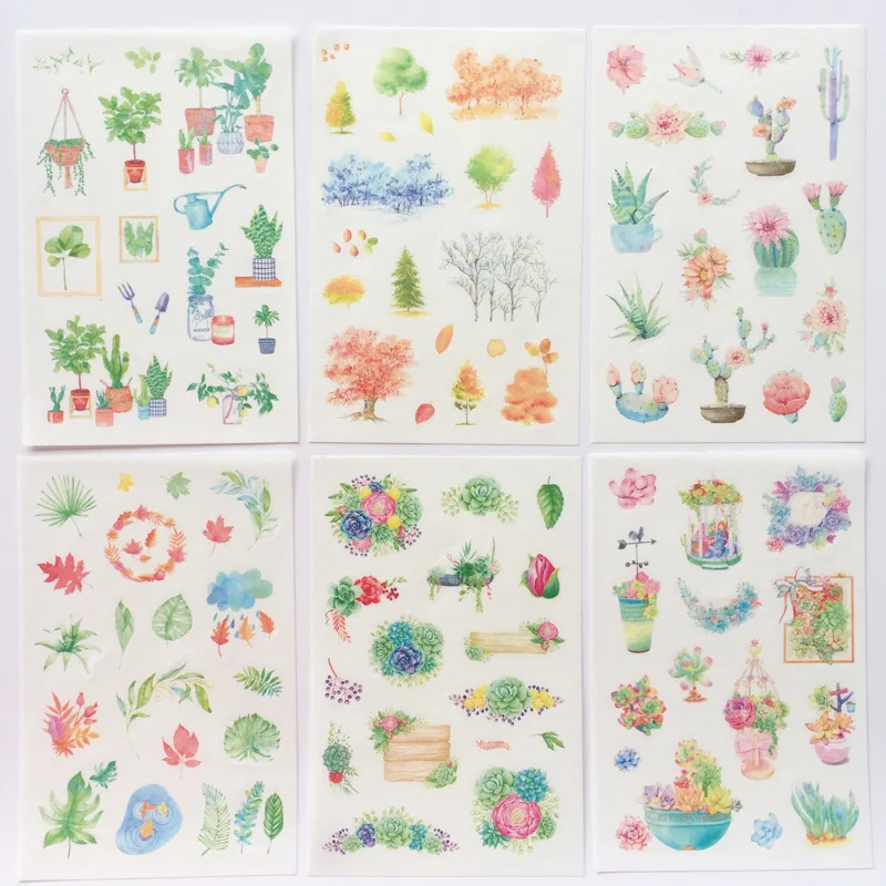 Pegatinas de plantas verdes para decoración de álbumes, 6 hojas por juego, árbol forestal, jardín, maceta de flores, estilo INS, A6410