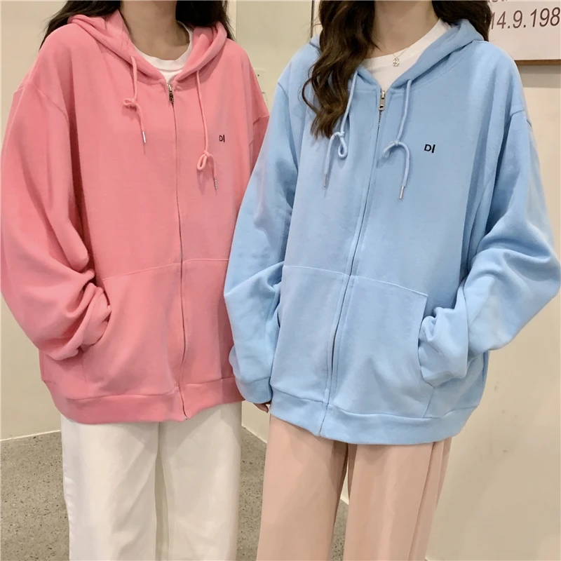 Oversize Orange Pink Sweatshirt Women Hooded Spring Autumn New Korean Loose High Quality Cotton Zipper Jacket Letter Street Wear