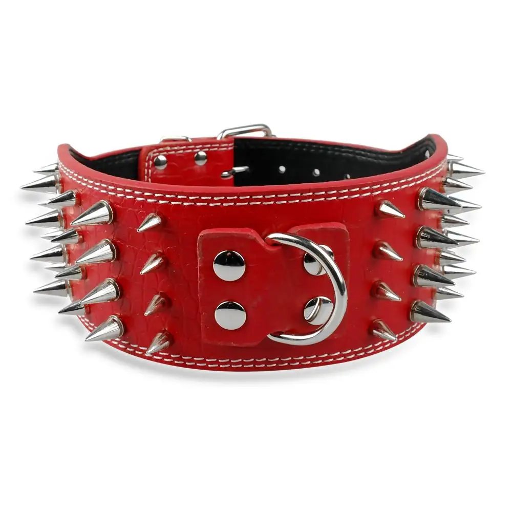 Wide Spikes Studded Leather Pet Dog Collar, Large Breeds, Pitbull, Doberman, M, L, XL Sizes, 3 Inch