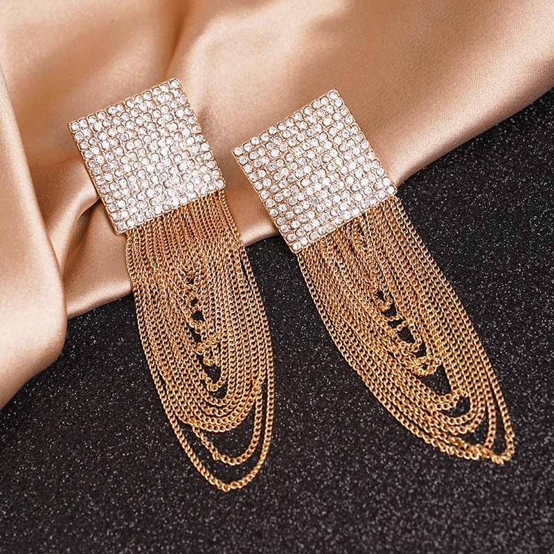 

Chunky Layer Chain Tassel Earrings Party Full Rhinestone Square Stud Women Girls Long Fringe Girlfriends Gift